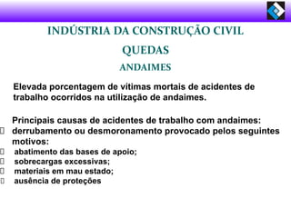INDÚSTRIA DA CONSTRUÇÃO CIVIL
QUEDAS
ANDAIMES
Elevada porcentagem de vítimas mortais de acidentes de
trabalho ocorridos na utilização de andaimes.
Principais causas de acidentes de trabalho com andaimes:
derrubamento ou desmoronamento provocado pelos seguintes
motivos:
abatimento das bases de apoio;
sobrecargas excessivas;
materiais em mau estado;
ausência de proteções
 