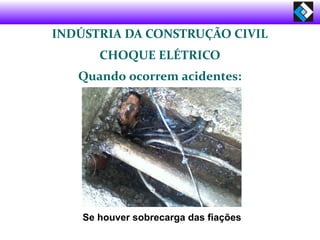 INDÚSTRIA DA CONSTRUÇÃO CIVIL
CHOQUE ELÉTRICO
Quando ocorrem acidentes:
Se houver sobrecarga das fiações
 