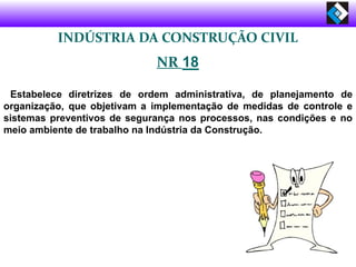 INDÚSTRIA DA CONSTRUÇÃO CIVIL
NR 18
Estabelece diretrizes de ordem administrativa, de planejamento de
organização, que objetivam a implementação de medidas de controle e
sistemas preventivos de segurança nos processos, nas condições e no
meio ambiente de trabalho na Indústria da Construção.
 