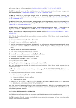 quilogramas-força por milímetro quadrado). (Incluído pela Portaria SIT n.º 13, de 9 de julho de 2002)
18.16.3 Os cabos de aço e de fibra sintética devem ser fixados por meio de dispositivos que impeçam seu
deslizamento e desgaste. (Alterado pela Portaria SIT n.º 13, de 9 de julho de 2002)
18.16.4 Os cabos de aço e de fibra sintética devem ser substituídos quando apresentarem condições que
comprometam a sua integridade em face da utilização a que estiverem submetidos. (Alterado pela Portaria SIT n.º
13, de 9 de julho de 2002)
18.16.5 Os cabos de fibra sintética utilizados para sustentação de cadeira suspensa ou como cabo-guia para fixação
do trava-quedas do cinto de segurança tipo pára-quedista, deverá ser dotado de alerta visual amarelo. (Incluído pela
Portaria SIT n.º 13, de 9 de julho de 2002)
18.16.6 Os cabos de fibra sintética deverão atender as especificações constantes do Anexo I - Especificações de
Segurança para Cabos de Fibra Sintética, desta NR. (Incluído pela Portaria SIT n.º 13, de 9 de julho de 2002)
Anexo I - Especificações de Segurança para Cabos de Fibra Sintética (Incluído pela Portaria SIT n.º 13, de 9 de
julho de 2002)
1. O Cabo de fibra sintética utilizado nas condições previstas do subitem 18.16.5 deverá atender as especificações
previstas a seguir:
a) deve ser constituído em trançado triplo e alma central.
b) Trançado externo em multifilamento de poliamida.
c) Trançado intermediário e o alerta visual de cor amarela em multifilamento de polipropileno ou poliamida na cor
amarela com o mínimo de 50% de identificação, não podendo ultrapassar 10%(dez por cento) da densidade
linear.
d) Trançado interno em multifilamento de poliamida.
e) Alma central torcida em multifilamento de poliamida.
f) Construção dos trançados em máquina com 16, 24, 32 ou 36 fusos.
g) Número de referência: 12 (diâmetro nominal em mm.).
h) Densidade linear 95 + 5 KTEX(igual a 95 + 5 g/m).
i) Carga de ruptura mínima 20 KN.
j) Carga de ruptura mínima de segurança sem o trançado externo 15 KN.
2. O cabo de fibra sintética utilizado nas condições previstas no subitem 18.16.5 deverá atender as prescrições de
identificação a seguir:
a) Marcação com fita inserida no interior do trançado interno gravado NR 18.16.5 ISO 1140 1990 e fabricante com
CNPJ.
b) Rótulo fixado firmemente contendo as seguintes informações:
I. Material constituinte: poliamida
II. Número de referência: diâmetro de 2mm
III. Comprimentos em metros
c) Incluir o aviso: "CUIDADO: CABO PARA USO ESPECÍFICO EM CADEIRAS SUSPENSAS E CABO-GUIA
DE SEGURANÇA PARA FIXAÇÃO DE TRAVA-QUEDAS".
3. O cabo sintético deverá ser submetido a Ensaio conforme Nota Técnica ISO 2307/1990, ter avaliação de carga
ruptura e material constituinte pela rede brasileira de laboratórios de ensaios e calibração do Sistema Brasileiro de
Metrologia e Qualidade Industrial.
18.17 Alvenaria, Revestimentos e Acabamentos
18.17.1 Devem ser utilizadas técnicas que garantam a estabilidade das paredes de alvenaria da periferia.
18.17.2 Os quadros fixos de tomadas energizadas devem ser protegidos sempre que no local forem executados
serviços de revestimento e acabamento.
 