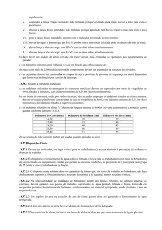 rapidamente;
V. suspender a lança: braço estendido; mão fechada, polegar apontado para cima; mover a mão para cima e
para baixo;
VI. abaixar a lança: braço estendido; mão fechada; polegar apontado para baixo; erguer a mão para cima e para
baixo;
VII. girar a lança: braço estendido; apontar com o indicador no sentido do movimento;
VIII. mover devagar: o mesmo que em I ou II, porém com a outra mão colocada atrás ou abaixo da mão de sinal;
IX. elevar lança e abaixar carga: usar III e V com as duas mãos simultaneamente;
X. abaixar lança e elevar carga: usar I e VI, com as duas mãos, simultaneamente;
b) deve haver um código de sinais afixado em local visível, para comandar as operações dos equipamentos de
guindar.
c) os diâmetros mínimos para roldanas e eixos em função dos cabos usados são:
d) peças com mais de 2,00m (dois metros) de comprimento devem ser amarradas na estrutura do elevador;
e) as caçambas devem ser construídas de chapas de aço e providas de corrente de segurança ou outro dispositivo
que limite sua inclinação por ocasião da descarga.
18.36.7 Quanto a estruturas metálicas:
a) os andaimes utilizados na montagem de estruturas metálicas devem ser suportados por meio de vergalhões de
ferro, fixados à estrutura, com diâmetro mínimo de 0,018m (dezoito milímetros);
b) em locais de estrutura, onde, por razões técnicas, não se puder empregar os andaimes citados na alínea anterior,
devem ser usadas plataformas com tirantes de aço ou vergalhões de ferro, com diâmetro mínimo de 0,012m (doze
milímetros), devidamente fixados a suportes resistentes;
c) os andaimes referidos na alínea "a" devem ter largura mínima de 0,90m (noventa centímetros) e proteção contra
quedas conforme subitem 18.13.5.
Diâmetro do Cabo (mm) Diâmetro da Roldana (cm) Diâmetro do Eixo (mm)
12,70 30 30
15,80 35 40
19,00 40 43
22,20 46 49
25,40 51 55
d) as escadas de mão somente podem ser usadas quando apoiadas no solo.
18.37 Disposições Finais
18.37.1 Devem ser colocados, em lugar visível para os trabalhadores, cartazes alusivos à prevenção de acidentes e
doenças de trabalho.
18.37.2 É obrigatório o fornecimento de água potável, filtrada e fresca para os trabalhadores por meio de bebedouros
de jato inclinado ou equipamento similar que garanta as mesmas condições, na proporção de 1 (um) para cada grupo
de 25 (vinte e cinco) trabalhadores ou fração.
18.37.2.1 O disposto neste subitem deve ser garantido de forma que, do posto de trabalho ao bebedouro, não haja
deslocamento superior a 100 (cem) metros, no plano horizontal e 15 (quinze) metros no plano vertical.
18.37.2.2 Na impossibilidade de instalação de bebedouro dentro dos limites referidos no subitem anterior, as
empresas devem garantir, nos postos de trabalho, suprimento de água potável, filtrada e fresca fornecida em
recipientes portáteis hermeticamente fechados, confeccionados em material apropriado, sendo proibido o uso de
copos coletivos.
18.37.2.3 Em regiões do país ou estações do ano de clima quente deve ser garantido o fornecimento de água
refrigerada.
18.37.2.4 A área do canteiro de obra deve ser dotada de iluminação externa adequada.
18.37.2.5 Nos canteiros de obras, inclusive nas áreas de vivência, deve ser previsto escoamento de águas pluviais.
 