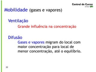 Mobilidade (gases e vapores)
22
Ventilação
Grande influência na concentração
Difusão
Gases e vapores migram do local com
maior concentração para local de
menor concentração, até o equilíbrio.
 