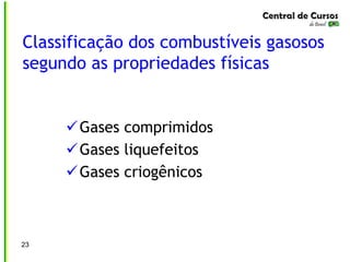 Classificação dos combustíveis gasosos
segundo as propriedades físicas
23
Gases comprimidos
Gases liquefeitos
Gases criogênicos
 