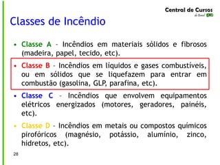 Classes de Incêndio
28
• Classe A – Incêndios em materiais sólidos e fibrosos
(madeira, papel, tecido, etc).
• Classe B – Incêndios em líquidos e gases combustíveis,
ou em sólidos que se liquefazem para entrar em
combustão (gasolina, GLP, parafina, etc).
• Classe C – Incêndios que envolvem equipamentos
elétricos energizados (motores, geradores, painéis,
etc).
• Classe D – Incêndios em metais ou compostos químicos
pirofóricos (magnésio, potássio, alumínio, zinco,
hidretos, etc).
 