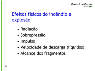 Efeitos físicos do incêndio e
explosão
• Radiação
• Sobrepressão
• Impulso
• Velocidade de descarga (líquidos)
• Alcance dos fragmentos
40
 