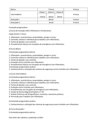 Este texto não substitui o publicado no DOU
Básico Trienal 4 horas
Intermediário
Classe I Classe II Classe III
4 horas
Trienal Bienal Bienal
Avançado I Bienal 4 horas
Avançado II Anual 4 horas
Conteúdo programático
a) Curso de Iniciação sobre Inflamáveis e Combustíveis
Carga horária: 3 horas
1. Inflamáveis: características, propriedades, perigos e riscos;
2. Controles coletivo e individual para trabalhos com inflamáveis;
3. Fontes de ignição e seu controle;
4. Procedimentos básicos em situações de emergência com inflamáveis.
b) Curso Básico
I) Conteúdo programático teórico:
1. Inflamáveis: características, propriedades, perigos e riscos;
2. Controles coletivo e individual para trabalhos com inflamáveis;
3. Fontes de ignição e seu controle;
4. Proteção contra incêndio com inflamáveis;
5. Procedimentos básicos em situações de emergência com inflamáveis;
II) Conteúdo programático prático:
1. Conhecimentos e utilização dos sistemas de segurança contra incêndio com inflamáveis.
c) Curso Intermediário
I) Conteúdo programático teórico:
1. Inflamáveis: características, propriedades, perigos e riscos;
2. Controles coletivo e individual para trabalhos com inflamáveis;
3. Fontes de ignição e seu controle;
4. Proteção contra incêndio com inflamáveis;
5. Procedimentos em situações de emergência com inflamáveis;
6. Estudo da Norma Regulamentadora n.º 20;
7. Análise Preliminar de Perigos/Riscos: conceitos e exercícios práticos;
8. Permissão para Trabalho com Inflamáveis.
II) Conteúdo programático prático:
1. Conhecimentos e utilização dos sistemas de segurança contra incêndio com inflamáveis.
d) Curso Avançado I
I) Conteúdo programático teórico:
 