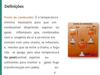 Ponto de combustão: É a temperatura
mínima necessária para que um
combustível desprenda vapores ou
gases inflamáveis que, combinados
com o oxigênio do ar e ao entrar em
contato com uma chama, se inflamam,
e, mesmo que se retire a chama, o fogo
não se apaga, pois essa temperatura
faz gerar, ou
gases fogo
ou
a
do combustível, vapores
suficientes para manter o
transformação em cadeia.
Definições
 