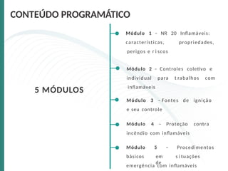 5 MÓDULOS
Módulo 1 – NR 20 Inflamáveis:
características, propriedades,
perigos e r i scos
CONTEÚDO PROGRAMÁTICO
Módulo 2 – Controles coletivo e
individual para t rabalhos com
inflamáveis
Módulo 3 – Fontes de ignição
e seu controle
Módulo 4 – Proteção contra
incêndio com inflamáveis
Módulo
básicos
5 – Procedimentos
em s i tuações
de
emergência com inflamáveis
 
