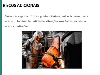 RISCOS ADICIONAIS
Gases ou vapores tóxicos poeiras tóxicas, ruído intenso, calor
intenso, Iluminação deficiente, vibrações mecânicas, umidade
intensa, radiações.
 