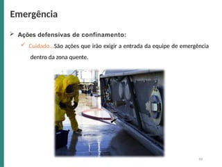  Ações defensivas de confinamento:
 Cuidado...São ações que irão exigir a entrada da equipe de emergência
dentro da zona quente.
Emergência
99
 