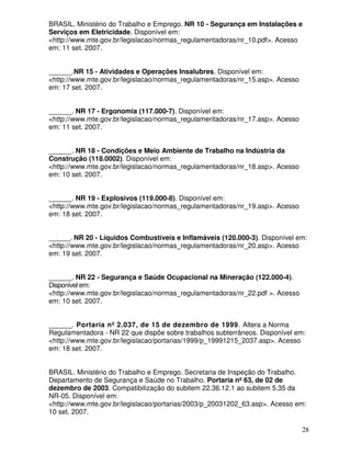 BRASIL. Ministério do Trabalho e Emprego. NR 10 - Segurança em Instalações e
Serviços em Eletricidade. Disponível em:
<http://www.mte.gov.br/legislacao/normas_regulamentadoras/nr_10.pdf>. Acesso
em: 11 set. 2007.


______.NR 15 - Atividades e Operações Insalubres. Disponível em:
<http://www.mte.gov.br/legislacao/normas_regulamentadoras/nr_15.asp>. Acesso
em: 17 set. 2007.


______. NR 17 - Ergonomia (117.000-7). Disponível em:
<http://www.mte.gov.br/legislacao/normas_regulamentadoras/nr_17.asp>. Acesso
em: 11 set. 2007.


______. NR 18 - Condições e Meio Ambiente de Trabalho na Indústria da
Construção (118.0002). Disponível em:
<http://www.mte.gov.br/legislacao/normas_regulamentadoras/nr_18.asp>. Acesso
em: 10 set. 2007.


______. NR 19 - Explosivos (119.000-8). Disponível em:
<http://www.mte.gov.br/legislacao/normas_regulamentadoras/nr_19.asp>. Acesso
em: 18 set. 2007.


______. NR 20 - Líquidos Combustíveis e Inflamáveis (120.000-3). Disponível em:
<http://www.mte.gov.br/legislacao/normas_regulamentadoras/nr_20.asp>. Acesso
em: 19 set. 2007.


______. NR 22 - Segurança e Saúde Ocupacional na Mineração (122.000-4).
Disponível em:
<http://www.mte.gov.br/legislacao/normas_regulamentadoras/nr_22.pdf >. Acesso
em: 10 set. 2007.


______. Portaria nº 2.037, de 15 de dezembro de 1999. Altera a Norma
Regulamentadora - NR 22 que dispõe sobre trabalhos subterrâneos. Disponível em:
<http://www.mte.gov.br/legislacao/portarias/1999/p_19991215_2037.asp>. Acesso
em: 18 set. 2007.


BRASIL. Ministério do Trabalho e Emprego. Secretaria de Inspeção do Trabalho.
Departamento de Segurança e Saúde no Trabalho. Portaria nº 63, de 02 de
dezembro de 2003. Compatibilização do subitem 22.36.12.1 ao subitem 5.35 da
NR-05. Disponível em:
<http://www.mte.gov.br/legislacao/portarias/2003/p_20031202_63.asp>. Acesso em:
10 set. 2007.

                                                                                28
 