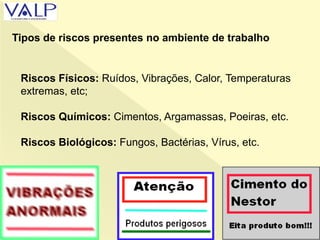 Riscos Físicos: Ruídos, Vibrações, Calor, Temperaturas
extremas, etc;
Riscos Químicos: Cimentos, Argamassas, Poeiras, etc.
Riscos Biológicos: Fungos, Bactérias, Vírus, etc.
Tipos de riscos presentes no ambiente de trabalho
 