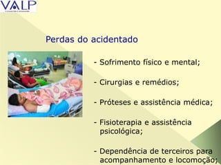 - Sofrimento físico e mental;
- Cirurgias e remédios;
- Próteses e assistência médica;
- Fisioterapia e assistência
psicológica;
- Dependência de terceiros para
acompanhamento e locomoção;
Perdas do acidentado
 