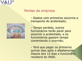 - Gastos com primeiros socorros e
transporte do acidentado;
- Tempo perdido, outros
funcionários terão parar para
socorrer o acidentado, e os
funcionários gastam tempo
comentando o ocorrido;
- Terá que pagar os primeiros
quinze dias após o afastamento;
Depois dos 15 dias o funcionário
receberá do INSS.
Perdas da empresa
 