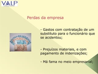 - Gastos com contratação de um
substituto para o funcionário que
se acidentou;
- Prejuízos materiais, e com
pagamento de indenizações;
- Má fama no meio empresarial;
Perdas da empresa
 
