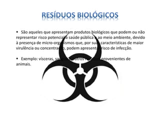  São aqueles que apresentam produtos biológicos que podem ou não 
representar risco potencial à saúde pública e ao meio ambiente, devido 
à presença de micro-organismos que, por suas características de maior 
virulência ou concentração, podem apresentar risco de infecção. 
 Exemplo: vísceras, sangue e outros resíduos provenientes de 
animais. 
 