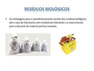  As embalagens para o acondicionamento correto dos resíduos biológicos 
são o saco de lixo branco com símbolo de infectante e a caixa amarela 
para o descarte de material perfuro cortante. 
 