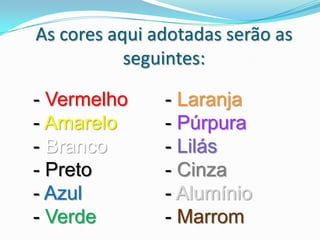 As cores aqui adotadas serão as
seguintes:
- Vermelho
- Amarelo
- Branco
- Preto
- Azul
- Verde
- Laranja
- Púrpura
- Lilás
- Cinza
- Alumínio
- Marrom
 