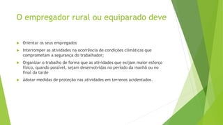O empregador rural ou equiparado deve
 Orientar os seus empregados
 Interromper as atividades na ocorrência de condições climáticas que
comprometam a segurança do trabalhador;
 Organizar o trabalho de forma que as atividades que exijam maior esforço
físico, quando possível, sejam desenvolvidas no período da manhã ou no
final da tarde
 Adotar medidas de proteção nas atividades em terrenos acidentados.
 