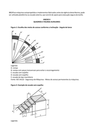 19.3 Para máquinas autopropelidas e implementos fabricados antes da vigência desta Norma, pode
ser utilizada plataforma ou escada externa, que servirá de apoio para execução segura da tarefa.
ANEXO II
QUADROS E FIGURAS AUXILIARES
Figura 1: Escolha dos meios de acesso conforme a inclinação - ângulo de lance
Legenda:
A: rampa
B: rampa com peças transversais para evitar o escorregamento
C: escada com espelho
D: escada sem espelho
E: escada do tipo marinheiro
Fonte: ISO 14122 - Segurança de Máquinas - Meios de acesso permanentes às máquinas.
Figura 2: Exemplo de escada sem espelho
Legenda:
 