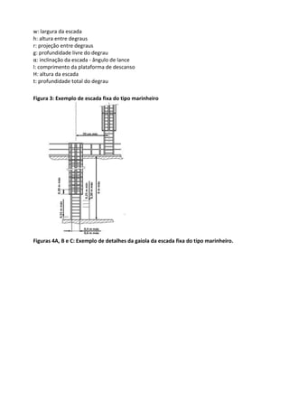w: largura da escada
h: altura entre degraus
r: projeção entre degraus
g: profundidade livre do degrau
α: inclinação da escada - ângulo de lance
l: comprimento da plataforma de descanso
H: altura da escada
t: profundidade total do degrau
Figura 3: Exemplo de escada fixa do tipo marinheiro
Figuras 4A, B e C: Exemplo de detalhes da gaiola da escada fixa do tipo marinheiro.
 