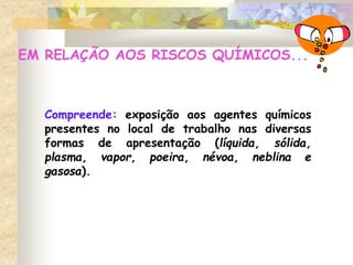 EM RELAÇÃO AOS RISCOS QUÍMICOS...
Compreende: exposição aos agentes químicos
presentes no local de trabalho nas diversas
formas de apresentação (líquida, sólida,
plasma, vapor, poeira, névoa, neblina e
gasosa).
 