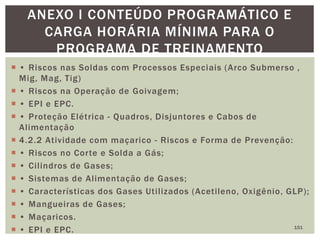  • Riscos nas Soldas com Processos Especiais (Arco Submerso ,
Mig, Mag, Tig)
 • Riscos na Operação de Goivagem;
 • EPI e EPC.
 • Proteção Elétrica - Quadros, Disjuntores e Cabos de
Alimentação
 4.2.2 Atividade com maçarico - Riscos e Forma de Prevenção:
 • Riscos no Corte e Solda a Gás;
 • Cilindros de Gases;
 • Sistemas de Alimentação de Gases;
 • Características dos Gases Utilizados (Acetileno, Oxigênio, GLP);
 • Mangueiras de Gases;
 • Maçaricos.
 • EPI e EPC. 151
ANEXO I CONTEÚDO PROGRAMÁTICO E
CARGA HORÁRIA MÍNIMA PARA O
PROGRAMA DE TREINAMENTO
 