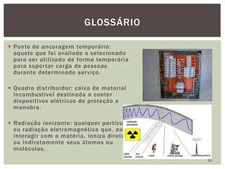  Ponto de ancoragem temporário:
aquele que foi avaliado e selecionado
para ser utilizado de forma temporária
para suportar carga de pessoas
durante determinado serviço.
 Quadro distribuidor: caixa de material
incombustível destinada a conter
dispositivos elétricos de proteção e
manobra.
 Radiação ionizante: qualquer partícula
ou radiação eletromagnética que, ao
interagir com a matéria, ioniza direta
ou indiretamente seus átomos ou
moléculas.
21
GLOSSÁRIO
 