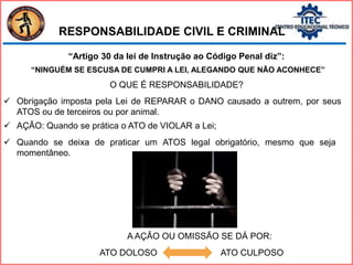 “Artigo 30 da lei de Instrução ao Código Penal diz”:
“NINGUÉM SE ESCUSA DE CUMPRI A LEI, ALEGANDO QUE NÃO ACONHECE”
O QUE É RESPONSABILIDADE?
 Obrigação imposta pela Lei de REPARAR o DANO causado a outrem, por seus
ATOS ou de terceiros ou por animal.
 AÇÃO: Quando se prática o ATO de VIOLAR a Lei;
 Quando se deixa de praticar um ATOS legal obrigatório, mesmo que seja
momentâneo.
A AÇÃO OU OMISSÃO SE DÁ POR:
ATO DOLOSO ATO CULPOSO
RESPONSABILIDADE CIVIL E CRIMINAL
 