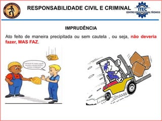 RESPONSABILIDADE CIVIL E CRIMINAL
IMPRUDÊNCIA
Ato feito de maneira precipitada ou sem cautela , ou seja, não deveria
fazer, MAS FAZ.
 