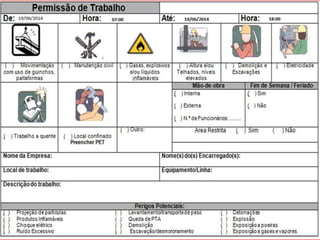 A permissão de trabalho deve ser emitida, aprovada pelo responsável pela
autorização da PERMISSÃO, disponibilizada no local de execução da atividade
e, ao final, encerrada e arquivada de forma a permitir sua rastreabilidade.
NOTA - A permissão deve ter a relação de todos os envolvidos e suas autorizações.
 