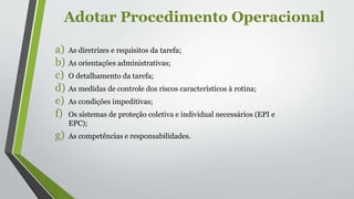 Adotar Procedimento Operacional
a) As diretrizes e requisitos da tarefa;
b) As orientações administrativas;
c) O detalhamento da tarefa;
d) As medidas de controle dos riscos característicos à rotina;
e) As condições impeditivas;
f) Os sistemas de proteção coletiva e individual necessários (EPI e
EPC);
g) As competências e responsabilidades.
 