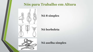 Nós para Trabalho em Altura
Nó borboleta
Nó 8 simples
Nó aselha simples
 