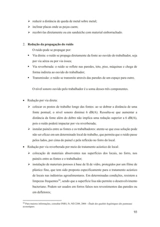 93
➢ reduzir a distância de queda de metal sobre metal;
➢ inclinar placas onde as peças caem;
➢ recobri-las diretamente ou em sanduíche com material emborrachado.
2. Redução da propagação do ruído
O ruído pode se propagar por:
▪ Via direta: o ruído se propaga diretamente da fonte ao ouvido do trabalhador, seja
por via aérea ou por via óssea;
▪ Via reverberada: o ruído se reflete nas paredes, teto, piso, máquinas e chega de
forma indireta ao ouvido do trabalhador;
▪ Transmissão: o ruído se transmite através das paredes de um espaço para outro.
O nível sonoro ouvido pelo trabalhador é a soma desses três componentes.
• Redução por via direta:
➢ colocar os postos de trabalho longe das fontes: ao se dobrar a distância de uma
fonte pontual, o nível sonoro diminui 6 dB(A). Ressalta-se que aumentar a
distância da fonte além do dobro não implica uma redução superior a 6 dB(A),
pois o ruído poderá impactar por via reverberada;
➢ instalar painéis entre as fontes e os trabalhadores: atente-se que essa solução pode
não ser eficaz em um determinado local de trabalho, que permita que o ruído passe
pelos lados, por cima do painel e pela reflexão no forro do local.
• Redução por via reverberada por meio do tratamento acústico do local:
➢ colocação de materiais absorventes nas superfícies dos locais, no forro, nos
painéis entre as fontes e o trabalhador;
➢ instalação de materiais porosos à base de lã de vidro, protegidos por um filme de
plástico fino, que tem sido proposta especificamente para o tratamento acústico
de locais nas indústrias agroalimentares. Em determinadas condições, resistem a
limpezas frequentes24
, sendo que a superfície lisa não permite o desenvolvimento
bacteriano. Podem ser usados em forros falsos nos revestimentos das paredes ou
em defletores;
24
Para maiores informações, consultar INRS, Fr, ND 2208, 2004 – Étude des qualités hygiéniques des panneaux
acoustiques.
 