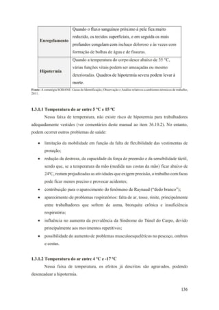 136
Enregelamento
Quando o fluxo sanguíneo próximo à pele fica muito
reduzido, os tecidos superficiais, e em seguida os mais
profundos congelam com inchaço doloroso e às vezes com
formação de bolhas de água e de fissuras.
Hipotermia
Quando a temperatura do corpo desce abaixo de 35 °C,
várias funções vitais podem ser ameaçadas ou mesmo
deterioradas. Quadros de hipotermia severa podem levar à
morte.
Fonte: A estratégia SOBANE: Guias de Identificação, Observação e Análise relativos a ambientes térmicos de trabalho,
2011.
1.3.1.1 Temperatura do ar entre 5 ºC e 15 ºC
Nessa faixa de temperatura, não existe risco de hipotermia para trabalhadores
adequadamente vestidos (ver comentários deste manual ao item 36.10.2). No entanto,
podem ocorrer outros problemas de saúde:
• limitação da mobilidade em função da falta de flexibilidade das vestimentas de
proteção;
• redução da destreza, da capacidade da força de preensão e da sensibilidade táctil,
sendo que, se a temperatura da mão (medida nas costas da mão) ficar abaixo de
24ºC, restam prejudicadas as atividades que exigem precisão, o trabalho com facas
pode ficar menos preciso e provocar acidentes;
• contribuição para o aparecimento do fenômeno de Raynaud (“dedo branco”);
• aparecimento de problemas respiratórios: falta de ar, tosse, rinite, principalmente
entre trabalhadores que sofrem de asma, bronquite crônica e insuficiência
respiratória;
• influência no aumento da prevalência da Síndrome do Túnel do Carpo, devido
principalmente aos movimentos repetitivos;
• possibilidade do aumento de problemas musculoesqueléticos no pescoço, ombros
e costas.
1.3.1.2 Temperatura do ar entre 4 ºC e -17 ºC
Nessa faixa de temperatura, os efeitos já descritos são agravados, podendo
desencadear a hipotermia.
 