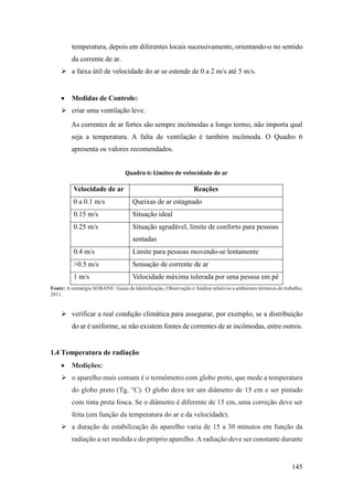 145
temperatura, depois em diferentes locais sucessivamente, orientando-o no sentido
da corrente de ar.
➢ a faixa útil de velocidade do ar se estende de 0 a 2 m/s até 5 m/s.
• Medidas de Controle:
➢ criar uma ventilação leve.
As correntes de ar fortes são sempre incômodas a longo termo, não importa qual
seja a temperatura. A falta de ventilação é também incômoda. O Quadro 6
apresenta os valores recomendados.
Quadro 6: Limites de velocidade de ar
Velocidade de ar Reações
0 a 0.1 m/s Queixas de ar estagnado
0.15 m/s Situação ideal
0.25 m/s Situação agradável, limite de conforto para pessoas
sentadas
0.4 m/s Limite para pessoas movendo-se lentamente
>0.5 m/s Sensação de corrente de ar
1 m/s Velocidade máxima tolerada por uma pessoa em pé
Fonte: A estratégia SOBANE: Guias de Identificação, Observação e Análise relativos a ambientes térmicos de trabalho,
2011.
➢ verificar a real condição climática para assegurar, por exemplo, se a distribuição
do ar é uniforme, se não existem fontes de correntes de ar incômodas, entre outros.
1.4 Temperatura de radiação
• Medições:
➢ o aparelho mais comum é o termômetro com globo preto, que mede a temperatura
do globo preto (Tg, °C). O globo deve ter um diâmetro de 15 cm e ser pintado
com tinta preta fosca. Se o diâmetro é diferente de 15 cm, uma correção deve ser
feita (em função da temperatura do ar e da velocidade).
➢ a duração de estabilização do aparelho varia de 15 a 30 minutos em função da
radiação a ser medida e do próprio aparelho. A radiação deve ser constante durante
 