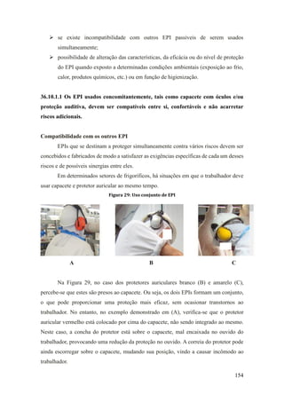 154
➢ se existe incompatibilidade com outros EPI passíveis de serem usados
simultaneamente;
➢ possibilidade de alteração das características, da eficácia ou do nível de proteção
do EPI quando exposto a determinadas condições ambientais (exposição ao frio,
calor, produtos químicos, etc.) ou em função de higienização.
36.10.1.1 Os EPI usados concomitantemente, tais como capacete com óculos e/ou
proteção auditiva, devem ser compatíveis entre si, confortáveis e não acarretar
riscos adicionais.
Compatibilidade com os outros EPI
EPIs que se destinam a proteger simultaneamente contra vários riscos devem ser
concebidos e fabricados de modo a satisfazer as exigências específicas de cada um desses
riscos e de possíveis sinergias entre eles.
Em determinados setores de frigoríficos, há situações em que o trabalhador deve
usar capacete e protetor auricular ao mesmo tempo.
Figura 29: Uso conjunto de EPI
A B C
Na Figura 29, no caso dos protetores auriculares branco (B) e amarelo (C),
percebe-se que estes são presos ao capacete. Ou seja, os dois EPIs formam um conjunto,
o que pode proporcionar uma proteção mais eficaz, sem ocasionar transtornos ao
trabalhador. No entanto, no exemplo demonstrado em (A), verifica-se que o protetor
auricular vermelho está colocado por cima do capacete, não sendo integrado ao mesmo.
Neste caso, a concha do protetor está sobre o capacete, mal encaixada no ouvido do
trabalhador, provocando uma redução da proteção no ouvido. A correia do protetor pode
ainda escorregar sobre o capacete, mudando sua posição, vindo a causar incômodo ao
trabalhador.
 