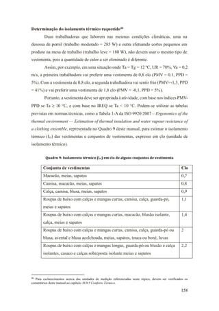 158
Determinação do isolamento térmico requerido46
Duas trabalhadoras que laborem nas mesmas condições climáticas, uma na
desossa de pernil (trabalho moderado = 285 W) e outra efetuando cortes pequenos em
produto na mesa de trabalho (trabalho leve = 180 W), não devem usar o mesmo tipo de
vestimenta, pois a quantidade de calor a ser eliminado é diferente.
Assim, por exemplo, em uma situação onde Ta = Tg = 12 ºC, UR = 70%, Va = 0,2
m/s, a primeira trabalhadora vai preferir uma vestimenta de 0,8 clo (PMV = 0.1, PPD =
5%). Com a vestimenta de 0,8 clo, a segunda trabalhadora vai sentir frio (PMV=-1,3, PPD
= 41%) e vai preferir uma vestimenta de 1,8 clo (PMV = -0,1, PPD = 5%).
Portanto, a vestimenta deve ser apropriada à atividade, com base nos índices PMV-
PPD se Ta  10 °C, e com base no IREQ se Ta < 10 °C. Podem-se utilizar as tabelas
previstas em normas técnicas, como a Tabela 1-A da ISO 9920:2007 – Ergonomics of the
thermal environment — Estimation of thermal insulation and water vapour resistance of
a clothing ensemble, representada no Quadro 9 deste manual, para estimar o isolamento
térmico (Icl) das vestimentas e conjuntos de vestimentas, expresso em clo (unidade de
isolamento térmico).
Quadro 9: Isolamento térmico (Icl) em clo de alguns conjuntos de vestimenta
Conjunto de vestimentas Clo
Macacão, meias, sapatos 0,7
Camisa, macacão, meias, sapatos 0,8
Calça, camisa, blusa, meias, sapatos 0,9
Roupas de baixo com calças e mangas curtas, camisa, calça, guarda-pó,
meias e sapatos
1,1
Roupas de baixo com calças e mangas curtas, macacão, blusão isolante,
calça, meias e sapatos
1,4
Roupas de baixo com calças e mangas curtas, camisa, calça, guarda-pó ou
blusa, avental e blusa acolchoada, meias, sapatos, touca ou boné, luvas
2
Roupas de baixo com calças e mangas longas, guarda-pó ou blusão e calça
isolantes, casaco e calças sobreposta isolante meias e sapatos
2,2
46
Para esclarecimentos acerca das unidades de medição referenciadas neste tópico, devem ser verificados os
comentários deste manual ao capítulo 36.9.5 Conforto Térmico.
 