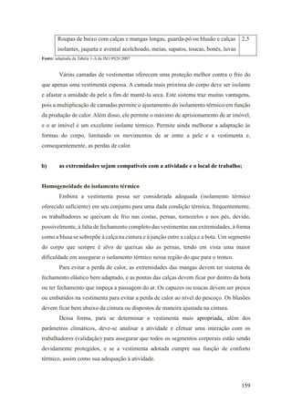 159
Roupas de baixo com calças e mangas longas, guarda-pó ou blusão e calças
isolantes, jaqueta e avental acolchoado, meias, sapatos, toucas, bonés, luvas
2,5
Fonte: adaptada da Tabela 1-A da ISO 9920:2007
Várias camadas de vestimentas oferecem uma proteção melhor contra o frio do
que apenas uma vestimenta espessa. A camada mais próxima do corpo deve ser isolante
e afastar a umidade da pele a fim de mantê-la seca. Este sistema traz muitas vantagens,
pois a multiplicação de camadas permite o ajustamento do isolamento térmico em função
da produção de calor. Além disso, ele permite o máximo de aprisionamento de ar imóvel,
e o ar imóvel é um excelente isolante térmico. Permite ainda melhorar a adaptação às
formas do corpo, limitando os movimentos de ar entre a pele e a vestimenta e,
consequentemente, as perdas de calor.
b) as extremidades sejam compatíveis com a atividade e o local de trabalho;
Homogeneidade do isolamento térmico
Embora a vestimenta possa ser considerada adequada (isolamento térmico
oferecido suficiente) em seu conjunto para uma dada condição térmica, frequentemente,
os trabalhadores se queixam de frio nas costas, pernas, tornozelos e nos pés, devido,
possivelmente, à falta de fechamento completo das vestimentas nas extremidades, à forma
como a blusa se sobrepõe à calça na cintura e à junção entre a calça e a bota. Um segmento
do corpo que sempre é alvo de queixas são as pernas, tendo em vista uma maior
dificuldade em assegurar o isolamento térmico nessa região do que para o tronco.
Para evitar a perda de calor, as extremidades das mangas devem ter sistema de
fechamento elástico bem adaptado, e as pontas das calças devem ficar por dentro da bota
ou ter fechamento que impeça a passagem do ar. Os capuzes ou toucas devem ser presos
ou embutidos na vestimenta para evitar a perda de calor ao nível do pescoço. Os blusões
devem ficar bem abaixo da cintura ou dispostos de maneira ajustada na cintura.
Dessa forma, para se determinar a vestimenta mais apropriada, além dos
parâmetros climáticos, deve-se analisar a atividade e efetuar uma interação com os
trabalhadores (validação) para assegurar que todos os segmentos corporais estão sendo
devidamente protegidos, e se a vestimenta adotada cumpre sua função de conforto
térmico, assim como sua adequação à atividade.
 