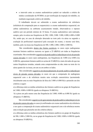 180
• o intervalo entre os exames audiométricos poderá ser reduzido a critério do
médico coordenador do PCMSO, ou por notificação da inspeção do trabalho, ou
mediante negociação coletiva de trabalho.
O trabalhador deverá ser submetido a exame audiométrico de referência
(referência de comparação para os sequenciais) e a exame audiométrico sequencial, em
cabine audiométrica ou ambiente acusticamente tratado, observando-se o repouso
auditivo por um período mínimo de 14 horas. O exame audiométrico será realizado,
sempre, pela via aérea nas frequências de 500, 1.000, 2.000. 3.000, 4.000, 6.000 e 8.000
Hz, sendo que, no caso de alteração detectada no teste pela via aérea ou segundo a
avaliação do profissional responsável pela execução do exame, o mesmo será feito,
também, pela via óssea nas frequências de 500, 1.000, 2.000, 3.000 e 4.000 Hz.
São considerados dentro dos limites aceitáveis os casos cujos audiogramas
mostram limiares auditivos menores ou iguais a 25 dB(NA) em todas as frequências
examinadas. São considerados sugestivos de perda auditiva induzida por níveis de pressão
sonora elevados os casos cujos audiogramas, nas frequências de 3.000 e/ou 4.000 e/ou
6.000 Hz, apresentam limiares auditivos acima de 25 dB(NA) e mais elevados do que nas
outras frequências testadas, estando estas comprometidas ou não, tanto no teste da via
aérea quanto da via óssea, em um ou em ambos os lados.
São considerados sugestivos de desencadeamento de perda auditiva induzida por
níveis de pressão sonora elevados os casos em que a comparação do audiograma
sequencial com o de referência mostra uma evolução característica (acometendo
inicialmente uma ou mais frequências da faixa de 3.000 a 6.000 Hz) e preenche um dos
critérios a seguir:
a) a diferença entre as médias aritméticas dos limiares auditivos no grupo de frequências
de 3.000, 4.000 e 6.000 Hz iguala ou ultrapassa 10 dB(NA);
b) a piora em pelo menos uma das frequências de 3.000, 4.000 ou 6.000 Hz iguala ou
ultrapassa 15 dB(NA).
São considerados sugestivos de agravamento da perda auditiva induzida por níveis
de pressão sonora elevados os casos já confirmados em exame audiométrico de referência
e nos quais a comparação de exame audiométrico sequencial com o de referência mostra
uma evolução que preenche um dos critérios abaixo:
a) a diferença entre as médias aritméticas dos limiares auditivos no grupo de frequência
de 500, 1.000 e 2.000 Hz, ou no grupo de frequências de 3.000, 4.000 e 6.000 Hz iguala
ou ultrapassa 10 dB(NA);
 