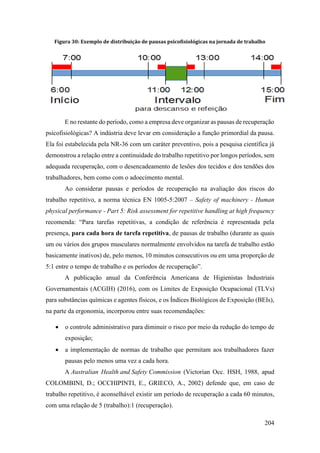 204
Figura 30: Exemplo de distribuição de pausas psicofisiológicas na jornada de trabalho
E no restante do período, como a empresa deve organizar as pausas de recuperação
psicofisiológicas? A indústria deve levar em consideração a função primordial da pausa.
Ela foi estabelecida pela NR-36 com um caráter preventivo, pois a pesquisa científica já
demonstrou a relação entre a continuidade do trabalho repetitivo por longos períodos, sem
adequada recuperação, com o desencadeamento de lesões dos tecidos e dos tendões dos
trabalhadores, bem como com o adoecimento mental.
Ao considerar pausas e períodos de recuperação na avaliação dos riscos do
trabalho repetitivo, a norma técnica EN 1005-5:2007 – Safety of machinery - Human
physical performance - Part 5: Risk assessment for repetitive handling at high frequency
recomenda: “Para tarefas repetitivas, a condição de referência é representada pela
presença, para cada hora de tarefa repetitiva, de pausas de trabalho (durante as quais
um ou vários dos grupos musculares normalmente envolvidos na tarefa de trabalho estão
basicamente inativos) de, pelo menos, 10 minutos consecutivos ou em uma proporção de
5:1 entre o tempo de trabalho e os períodos de recuperação”.
A publicação anual da Conferência Americana de Higienistas Industriais
Governamentais (ACGIH) (2016), com os Limites de Exposição Ocupacional (TLVs)
para substâncias químicas e agentes físicos, e os Índices Biológicos de Exposição (BEIs),
na parte da ergonomia, incorporou entre suas recomendações:
• o controle administrativo para diminuir o risco por meio da redução do tempo de
exposição;
• a implementação de normas de trabalho que permitam aos trabalhadores fazer
pausas pelo menos uma vez a cada hora.
A Australian Health and Safety Commission (Victorian Occ. HSH, 1988, apud
COLOMBINI, D.; OCCHIPINTI, E., GRIECO, A., 2002) defende que, em caso de
trabalho repetitivo, é aconselhável existir um período de recuperação a cada 60 minutos,
com uma relação de 5 (trabalho):1 (recuperação).
 