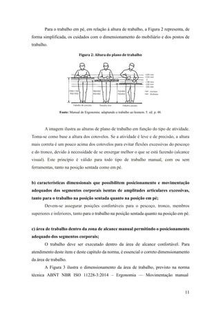 11
Para o trabalho em pé, em relação à altura de trabalho, a Figura 2 representa, de
forma simplificada, os cuidados com o dimensionamento do mobiliário e dos postos de
trabalho.
Figura 2: Altura do plano de trabalho
Fonte: Manual de Ergonomia: adaptando o trabalho ao homem. 5. ed. p. 48.
A imagem ilustra as alturas de plano de trabalho em função do tipo de atividade.
Toma-se como base a altura dos cotovelos. Se a atividade é leve e de precisão, a altura
mais correta é um pouco acima dos cotovelos para evitar flexões excessivas do pescoço
e do tronco, devido à necessidade de se enxergar melhor o que se está fazendo (alcance
visual). Este princípio é válido para todo tipo de trabalho manual, com ou sem
ferramentas, tanto na posição sentada como em pé.
b) características dimensionais que possibilitem posicionamento e movimentação
adequados dos segmentos corporais isentas de amplitudes articulares excessivas,
tanto para o trabalho na posição sentada quanto na posição em pé;
Devem-se assegurar posições confortáveis para o pescoço, tronco, membros
superiores e inferiores, tanto para o trabalho na posição sentada quanto na posição em pé.
c) área de trabalho dentro da zona de alcance manual permitindo o posicionamento
adequado dos segmentos corporais;
O trabalho deve ser executado dentro da área de alcance confortável. Para
atendimento deste item e deste capítulo da norma, é essencial o correto dimensionamento
da área de trabalho.
A Figura 3 ilustra o dimensionamento da área de trabalho, previsto na norma
técnica ABNT NBR ISO 11228-3:2014 – Ergonomia — Movimentação manual
 