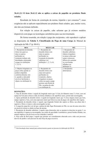 29
36.4.1.2.1 O item 36.4.1.2 não se aplica a caixas de papelão ou produtos finais
selados.
Resultado da forma de construção da norma, tripartite e por consenso10
, essas
exigências não se aplicam especialmente aos produtos finais selados, que, muitas vezes,
não têm um formato definido.
Em relação às caixas de papelão, cabe salientar que já existem modelos
disponíveis com pegas ou tecnologias satisfatórias para sua movimentação.
De forma resumida, em relação à pega dos recipientes, vale reproduzir e aplicar
as disposições da Tabela 3. Classificação da Pega de uma Carga do Manual de
Aplicação da NR-17 (p. 80-81):
BOA REGULAR MÁ
1. Recipientes de desenho
ótimo nos quais as
alças ou apoios
perfurados no
recipiente tenham sido
desenhados otimizando
a pega (ver definições
1, 2 e 3).
1. Recipientes de
desenho ótimo com
alças ou apoios
perfurados no
recipiente de desenho
subótimo (ver
definições 1, 2, 3 e 4).
1. Recipientes de
desenho subótimo,
objetos irregulares
ou peças soltas que
sejam volumosas,
difíceis de sustentar
ou com bordas
afiladas (ver
definição 5).
2. Objetos irregulares ou
peças soltas quando se
podem empunhar
confortavelmente; isto
é, quando a mão pode
envolver facilmente o
objeto (ver definição 6).
2. Recipientes de
desenho ótimo sem
alças nem apoios
perfurados no
recipiente, objetos
irregulares ou peças
soltas nos quais a pega
permite uma flexão de
90o. na palma da mão
(ver definição 4).
2. Recipientes
deformáveis.
DEFINIÇÕES:
1. Alça de desenho ótimo: é aquela de longitude maior que 11,5cm, de diâmetro entre 2 e 4cm, com um
espaço de 5cm para colocar a mão, de forma cilíndrica e de superfície suave, porém não-escorregadia.
2. Apoio perfurado de desenho ótimo: é aquele de longitude maior que 11,5cm, largura maior que 4cm,
espaço superior a 5cm, com uma espessura maior que 0,6cm na zona de pega e de superfície não-rugosa.
3. Recipiente de desenho ótimo: é aquele cuja longitude frontal não supera os 40cm, sua altura não é
superior a 30cm e é macio e não-escorregadio ao tato.
4. A pega da carga deve ser tal que a palma da mão fique flexionada em 90o, no caso de uma caixa deve
ser possível colocar os dedos na base da mesma.
5. Recipiente de desenho subótimo: é aquele cujas dimensões não se ajustam às descritas no ponto 3, ou
sua superfície é rugosa ou escorregadia, seu centro de gravidade é assimétrico, possui bordas afiladas, seu
manejo implica o uso de luvas ou seu conteúdo é instável.
6. Peça solta de fácil pega: é aquela que permite ser comodamente abarcada com a mão sem provocar
desvios do punho e sem precisar de uma força de pega excessiva.
10
Vide Introdução deste manual para esclarecimentos quanto ao processo de elaboração da NR-36.
 