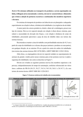 30
36.4.1.3 Os sistemas utilizados no transporte de produtos a serem espostejados em
linha, trilhagem aérea mecanizada e esteiras, devem ter características e dimensões
que evitem a adoção de posturas excessivas e continuadas dos membros superiores
e da nuca.
Os sistemas de transporte de produtos em linha devem ser planejados e adequados
especialmente em relação à altura, à distância do trabalhador e às exigências da atividade.
A maior parte dos setores produtivos, desde o abate até a embalagem, possui esse
tipo de sistema. Deve-se ter especial atenção em relação à altura desses sistemas, para
reduzir a necessidade de elevação dos braços, e em relação à distância do corpo do
trabalhador, procurando aproximar a peça da área de trabalho ideal, nos termos das
normas técnicas.
Recomenda-se manter a área de trabalho com profundidade máxima de 41,5 cm a
partir do corpo do trabalhador ou o alcance das peças (animais e produtos ou suas partes),
em qualquer direção, de no máximo 50 cm a partir do centro do ombro do trabalhador
(nos termos das normas técnicas ISO 14738:2002 e ABNT NBR ISO 11228-3:2014).
Além disso, os empregadores devem ter especial cuidado no espostejamento de
animais de grande e médio porte nesses sistemas para evitar posturas nocivas à saúde e
segurança do trabalhador, tais como as descritas na Figura 7.
Devem ser evitadas as seguintes posturas nocivas dos membros superiores e do
pescoço, independentemente do tempo de sustentação, conforme referenciado em vários
itens e subitens da NR-36 (36.2.5, 36.2.7, 36.3.4, 36.5.10, 36.8.1 e 36.14.7.1, d) e nos
termos da norma técnica ABNT NBR ISO 11226:2013:
Figura 7: Posturas estáticas de trabalho não recomendadas
Posturas estáticas de trabalho não recomendadas, independente do tempo de sustentação11
Flexão lateral do tronco Rotação axial do tronco Inclinação do tronco < 0º sem
suporte total do tronco
Inclinação do tronco > 60º
11
As imagens desta tabela são meramente exemplificativas. A análise das posturas de trabalho deve ser realizada de
acordo com os parâmetros e metodologias da norma técnica ABNT NBR ISO 11226:2013.
 