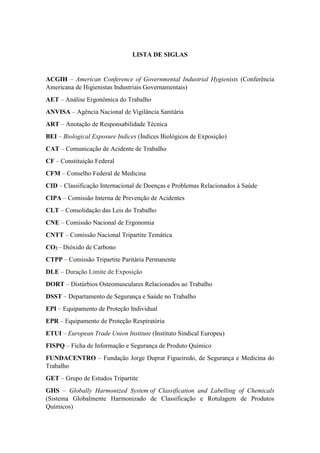LISTA DE SIGLAS
ACGIH – American Conference of Governmental Industrial Hygienists (Conferência
Americana de Higienistas Industriais Governamentais)
AET – Análise Ergonômica do Trabalho
ANVISA – Agência Nacional de Vigilância Sanitária
ART – Anotação de Responsabilidade Técnica
BEI – Biological Exposure Indices (Índices Biológicos de Exposição)
CAT – Comunicação de Acidente de Trabalho
CF – Constituição Federal
CFM – Conselho Federal de Medicina
CID – Classificação Internacional de Doenças e Problemas Relacionados à Saúde
CIPA – Comissão Interna de Prevenção de Acidentes
CLT – Consolidação das Leis do Trabalho
CNE – Comissão Nacional de Ergonomia
CNTT – Comissão Nacional Tripartite Temática
CO2 – Dióxido de Carbono
CTPP – Comissão Tripartite Paritária Permanente
DLE – Duração Limite de Exposição
DORT – Distúrbios Osteomusculares Relacionados ao Trabalho
DSST – Departamento de Segurança e Saúde no Trabalho
EPI – Equipamento de Proteção Individual
EPR – Equipamento de Proteção Respiratória
ETUI – European Trade Union Institute (Instituto Sindical Europeu)
FISPQ – Ficha de Informação e Segurança de Produto Químico
FUNDACENTRO – Fundação Jorge Duprat Figueiredo, de Segurança e Medicina do
Trabalho
GET – Grupo de Estudos Tripartite
GHS – Globally Harmonized System of Classification and Labelling of Chemicals
(Sistema Globalmente Harmonizado de Classificação e Rotulagem de Produtos
Químicos)
 