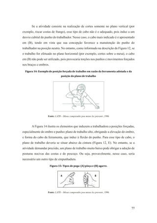 77
Se a atividade consiste na realização de cortes somente no plano vertical (por
exemplo, riscar costas de frango), esse tipo de cabo não é o adequado, pois induz a um
desvio cubital do punho do trabalhador. Nesse caso, o cabo mais indicado é o apresentado
em (B), tendo em vista que sua concepção favorece a manutenção do punho do
trabalhador na posição neutra. No entanto, como informado na descrição da Figura 12, se
o trabalho for efetuado no plano horizontal (por exemplo, cortes sobre a mesa), o cabo
em (B) não pode ser utilizado, pois provocaria torções nos punhos e movimentos forçados
nos braços e ombros.
Figura 14: Exemplo de posição forçada de trabalho em razão da ferramenta adotada e da
posição do plano de trabalho
Fonte: LATR – Mieux comprendre pou mieux les prevenir, 1996
A Figura 14 ilustra os elementos que induzem a trabalhadora a posições forçadas,
especialmente do ombro e punho: plano de trabalho alto, obrigando a elevação do ombro,
e forma do cabo da ferramenta, que induz à flexão do punho. Para esse tipo de cabo, o
plano de trabalho deveria se situar abaixo da cintura (Figura 12, E). No entanto, se a
atividade demandar precisão, um plano de trabalho muito baixo pode obrigar a adoção de
posturas nocivas das costas e do pescoço. Ou seja, provavelmente, nesse caso, seria
necessário um outro tipo de empunhadura.
Figura 15: Tipos de pega: (A) pinça e (B) agarre.
Fonte: LATR – Mieux comprendre pou mieux les prevenir, 1996
 