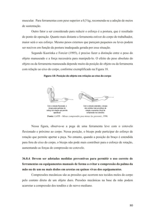 80
muscular. Para ferramentas com peso superior a 0,5 kg, recomenda-se a adoção de meios
de sustentação.
Outro fator a ser considerado para reduzir o esforço é a postura, que é resultado
do ponto de operação. Quanto mais distante a ferramenta estiver do corpo do trabalhador,
maior será o seu esforço. Mesmo pesos externos que pareçam pequenos ou leves podem
ser nocivos em função da postura inadequada gerada por essa situação.
Segundo Kuorinka e Forcier (1995), é preciso fazer a distinção entre o peso do
objeto manuseado e a força necessária para manipulá-lo. O efeito do peso absoluto do
objeto ou da ferramenta manuseada depende muito da posição do objeto ou da ferramenta
com relação ao eixo do corpo, conforme exemplificado na Figura 18.
Figura 18: Posição do objeto em relação ao eixo do corpo
Fonte: LATR – Mieux comprendre pou mieux les prevenir, 1996
Nessa figura, observa-se a pega de uma ferramenta leve com o cotovelo
flexionado e próximo ao corpo. Nessa posição, o bíceps pode participar do esforço de
rotação que permite apertar a peça. No entanto, quando a posição do braço é estendida
para fora do eixo do corpo, o bíceps não pode mais contribuir para o esforço de rotação,
aumentando as forças de compressão no cotovelo.
36.8.4. Devem ser adotadas medidas preventivas para permitir o uso correto de
ferramentas ou equipamentos manuais de forma a evitar a compressão da palma da
mão ou de um ou mais dedos em arestas ou quinas vivas dos equipamentos.
Compressões mecânicas são as pressões que ocorrem nos tecidos moles do corpo
pelo contato direto de um objeto duro. Pressões mecânicas na base da mão podem
acarretar a compressão dos tendões e do nervo mediano.
 