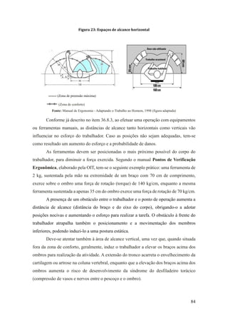 84
Figura 23: Espaços de alcance horizontal
------- (Zona de preensão máxima)
(Zona de conforto)
Fonte: Manual de Ergonomia - Adaptando o Trabalho ao Homem, 1998 (figura adaptada)
Conforme já descrito no item 36.8.3, ao efetuar uma operação com equipamentos
ou ferramentas manuais, as distâncias de alcance tanto horizontais como verticais vão
influenciar no esforço do trabalhador. Caso as posições não sejam adequadas, tem-se
como resultado um aumento do esforço e a probabilidade de danos.
As ferramentas devem ser posicionadas o mais próximo possível do corpo do
trabalhador, para diminuir a força exercida. Segundo o manual Pontos de Verificação
Ergonômica, elaborado pela OIT, tem-se o seguinte exemplo prático: uma ferramenta de
2 kg, sustentada pela mão na extremidade de um braço com 70 cm de comprimento,
exerce sobre o ombro uma força de rotação (torque) de 140 kg/cm, enquanto a mesma
ferramenta sustentada a apenas 35 cm do ombro exerce uma força de rotação de 70 kg/cm.
A presença de um obstáculo entre o trabalhador e o ponto de operação aumenta a
distância de alcance (distância do braço e do eixo do corpo), obrigando-o a adotar
posições nocivas e aumentando o esforço para realizar a tarefa. O obstáculo à frente do
trabalhador atrapalha também o posicionamento e a movimentação dos membros
inferiores, podendo induzi-lo a uma postura estática.
Deve-se atentar também à área de alcance vertical, uma vez que, quando situada
fora da zona de conforto, geralmente, induz o trabalhador a elevar os braços acima dos
ombros para realização da atividade. A extensão do tronco acarreta o envelhecimento da
cartilagem ou artrose na coluna vertebral, enquanto que a elevação dos braços acima dos
ombros aumenta o risco de desenvolvimento da síndrome do desfiladeiro torácico
(compressão de vasos e nervos entre o pescoço e o ombro).
 