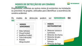 MODOS DE DETECÇÃO DE UM CENÁRIO
ACIDENTAL
Dispositivos, sistemas ou outros meios já existentes na instalação
ou previstos no projeto, utilizados para identificar a ocorrência do
cenário acidental.
Os modos de detecção podem ser SENSORIAIS OU
INSTRUMENTAIS.
• MODOS
SENSORIAIS
 Odor (olfato);
 Visual (visão);
 Auditivo (ruído);
 Tato (vibração);
 Paladar
(degustação).
• MODOS
INSTRUMENTAIS
 Detector sonoro e
luminoso;
 Detector de chama;
 Detector de gás;
 Detector de
fumaça;
 Detector de fogo.
 