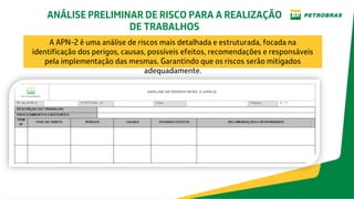 A APN-2 é uma análise de riscos mais detalhada e estruturada, focada na
identificação dos perigos, causas, possíveis efeitos, recomendações e responsáveis
pela implementação das mesmas. Garantindo que os riscos serão mitigados
adequadamente.
ANÁLISE PRELIMINAR DE RISCO PARA A REALIZAÇÃO
DE TRABALHOS
 